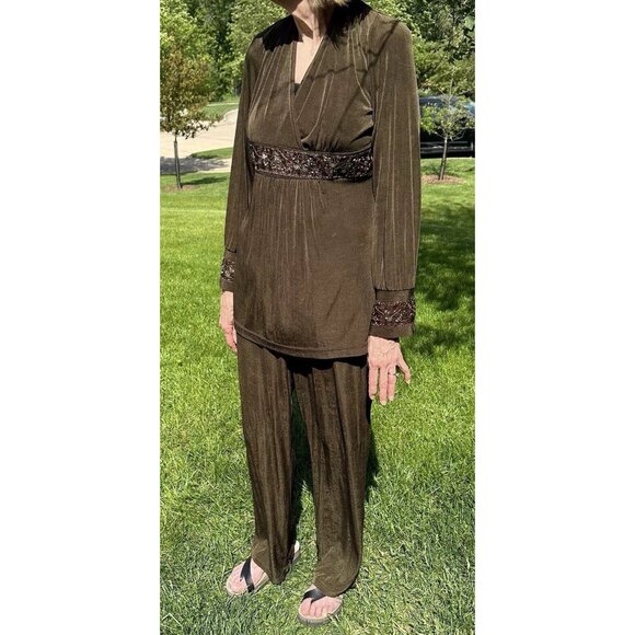 COLDWATER CREEK 2 Piece Vintage Set Size Medium Olive Beaded Sequins Long Sleeve - Picture 11 of 16